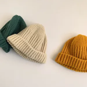 Kids knit beanie hat autumn winter warm cute wool cap for baby toddlers solid color