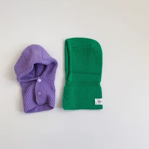 Children winter knitted hooded scarf cute solid color baby warm balaclava bib hat detail