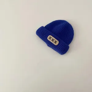 Children winter knit beanie hat cute blue woolen cap with woven label warm kids headwear