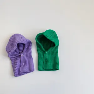 Kids knitted hooded scarf detail view, autumn winter solid color warm baby balaclava hat.