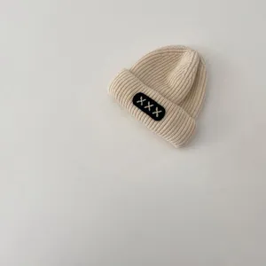 Kids winter warm knit beanie hat beige cute children pullover wool cap trendy headwear