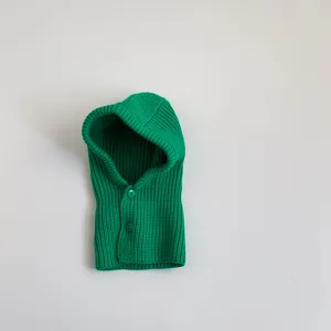 Green knitted kids balaclava detail, cozy winter infant warm hooded scarf with cute buttons.