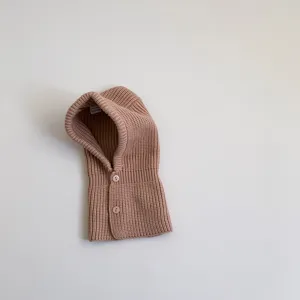 Baby knit balaclava winter warm hooded scarf cute toddler solid color button beanie hat.