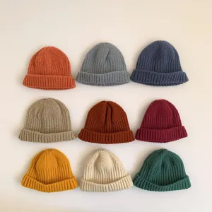 Kids Beanie Hat Winter Warm Knit Solid Color Dome Brimless Roll Edge Cap Daily Outdoor Children Woolen Hat