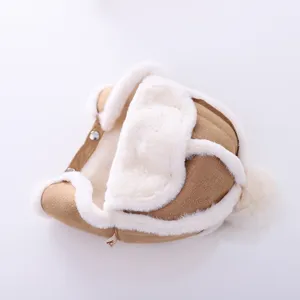 Kids winter warm plush ear-flap hat children thick fleece aviator cap brown detail view.