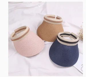 Kids summer straw sun visor hat, wide brim empty top sunhat for boys and girls outdoor wear.