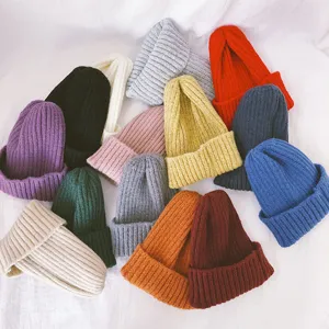 Colorful solid color knitted beanie hat set, soft and warm winter cap for kids and babies.