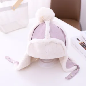 Kids winter warm plush earflap hat with pom-pom cute fleece trapper cap for cold weather