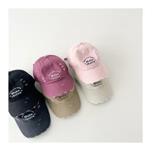 Distressed embroidered baseball cap for kids, vintage casual style sun hat multi-color