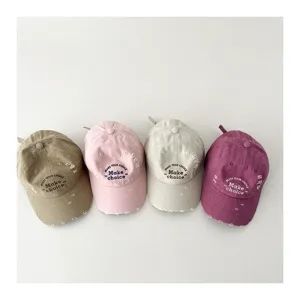 Kids distressed baseball cap, cute embroidered letters, vintage cotton sun hat, stylish.