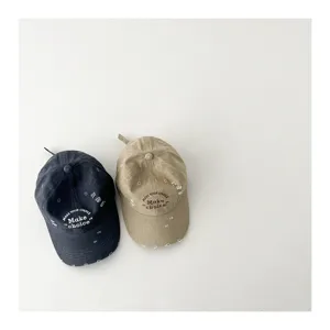 Kids distressed baseball cap with embroidered letters, stylish cotton sun hat for spring daily.