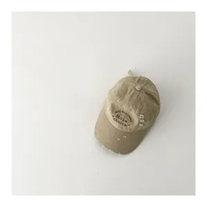 Kids vintage distressed baseball cap, khaki cotton sun hat with cool letter embroidery style.
