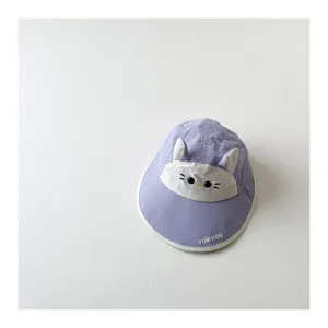 Detail view of the cute purple sun hat with cat ears and embroidered face for kids.