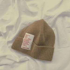 Berretto in maglia marrone cappello invernale casual caldo in lana tinta unita rétro con etichetta