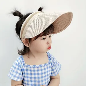 Kids summer straw sun visor hat, wide brim empty top sunhat for toddler girls and boys cute.