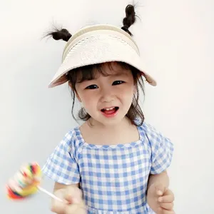 Kids summer sun hat empty top beige straw sunhat cute children outdoor sun protection cap