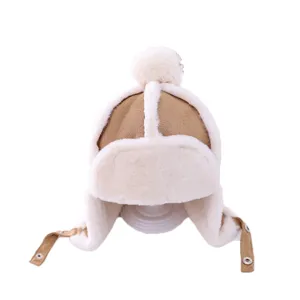 Children's autumn and winter warm plush earflap hat with pom-pom and fleece lining.