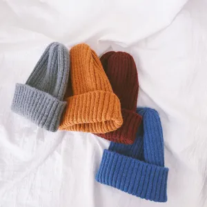 Children's warm solid color knit beanie hat soft winter cute baby kids daily wear