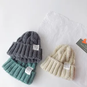 Kids Warm Knit Beanie Hat Cute Cable Knit Winter Cap With Letter Cloth Label Solid Color Children Ski Caps