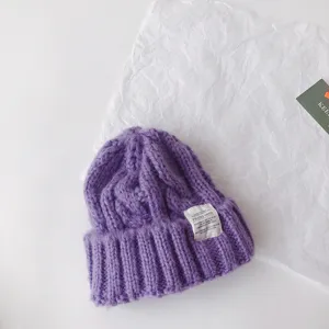 Kids cable knit beanie hat winter warm purple pullover cap with white label for boys and girls