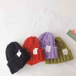 Colorful twisted knitted kids beanie hats set winter warm pullover cap for boys and girls