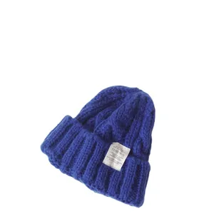 Kids blue cable knit beanie hat winter warm thick slouchy cap with fashion woven label