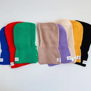 Kids knitted balaclava winter warm hooded scarf solid color stylish children hat