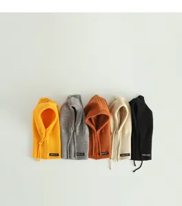 Kids knitted balaclava detail view, warm winter hood scarf set in multiple colors.