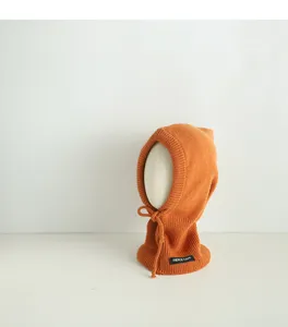 Children winter warm knitted balaclava hood and scarf, thick wool fleece beanie cap for baby girls.