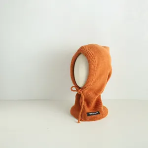 Kids knitted balaclava winter warm hooded scarf thick fleece baby cap in orange