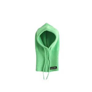 Kids bright green knit balaclava winter warm hooded scarf front view isolated display