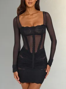 Black square neck long sleeve sheer mesh lace corset ruched bodycon mini dress detail