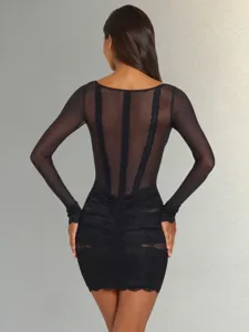 Sexy black sheer mesh lace long sleeve boned ruched bodycon dress detail view.
