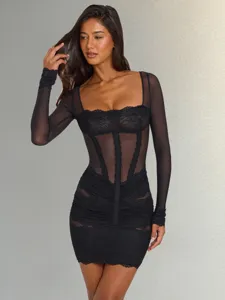 Black sheer mesh lace bodycon dress featuring long sleeves and corset boning details.