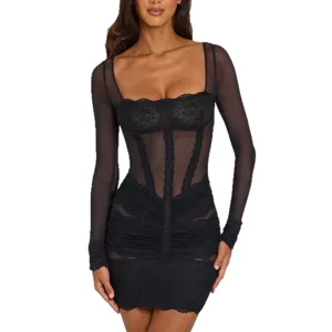 Black square neck long sleeve mesh lace bodycon mini dress sexy ruched corset party dress