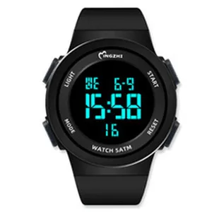 Close-up detail of the black digital sports watch dial showing screen and buttons clearly.