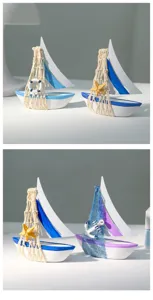 Mediterranean style sailboat decor set, miniature wooden ship model with fishing net and starfish.