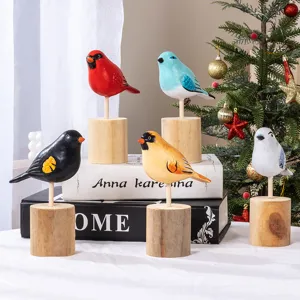 Nordischer Stil Massivholz Gemalt Kleiner Vogel Baumstumpf Ornament Kreative Desktop Holz Tier Figur Heimdekoration
