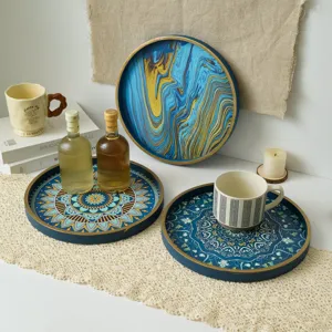 Decorative wooden serving tray set with vintage mandala art design for home coffee table and tea.