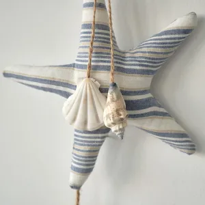 Nautical Fabric Starfish Wall Hanging Coastal Blue Stripe Beach Decor Home Ornament