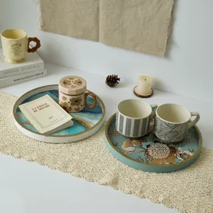 Creative painted wooden storage tray round decorative tea tray Nordic style home organizer