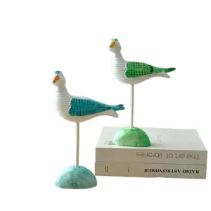 Mediterranean style seagull bird wooden desktop ornament, hand-painted animal sculpture decor.