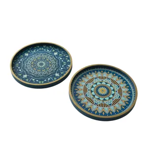 Decorative wooden storage tray round tea tray mandala pattern set of two tabletop organizer