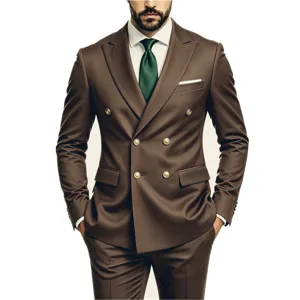 Men Business Suit Set Double Breasted Gold Buttons Slim Fit Blazer And Pants Top And Bottom Groomsman Wedding