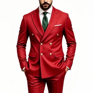 Men red double breasted suit two piece set professional business wedding party outfit
