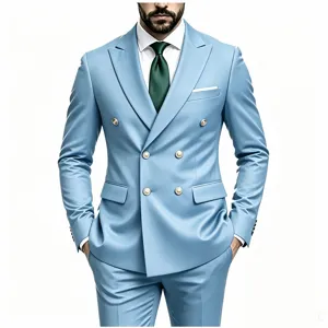 Men light blue double breasted suit slim fit wedding groomsmen business blazer set