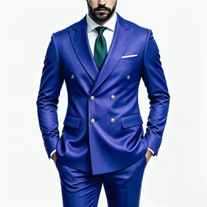Detailed view of a stylish double-breasted blue men suit featuring gold buttons and slim fit design.