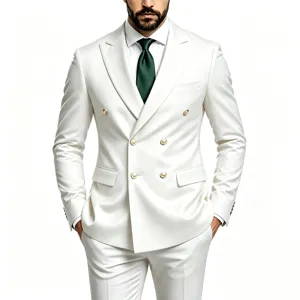Men slim fit double breasted suit detail showcasing gold buttons and elegant tailoring style.