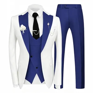 Men luxury blue and white three piece suit detail, elegant slim fit tuxedo jacket.