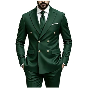 Detailed close-up of dark green double-breasted men suit with stylish gold metal buttons.